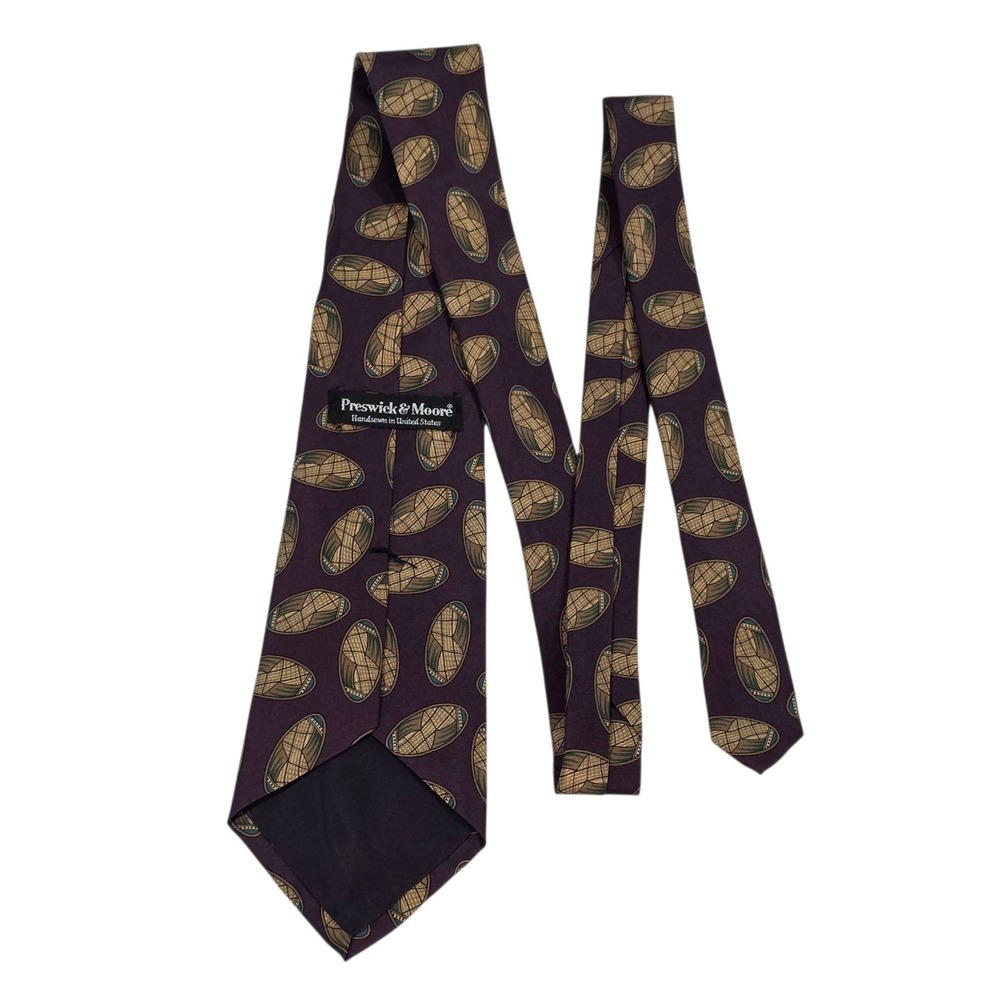 Preswick & Moore Silk Geometric Pattern Necktie Men's Formal Purple Tan Church
